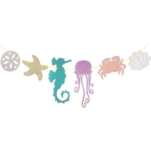 Hawaiian Luau Garland Seahorse Jellyfish Seashell Crab Sea Star Glitter Banner for Summer Pool Birthday Party Decoration