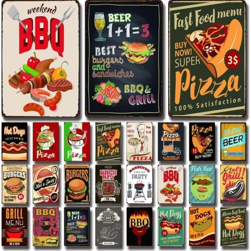 [ Kelly66 ] Fast Food Hot Dogs BBQ Pizza Beer Burger Tin Poster Metal Sign Home Decor Bar Wall Art Painting 20*30 CM Size LAT-15
