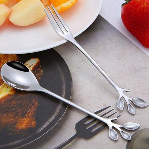 Hot 5Spoon 5Forks Stainless Steel Leaf Coffee Cake Spoon Fork Dessert Spoons Stirring Teaspoon Set