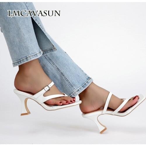 LMCAVASUN 2021 new womens shoes square toe flip flops thick high-heeled sandals and slippers