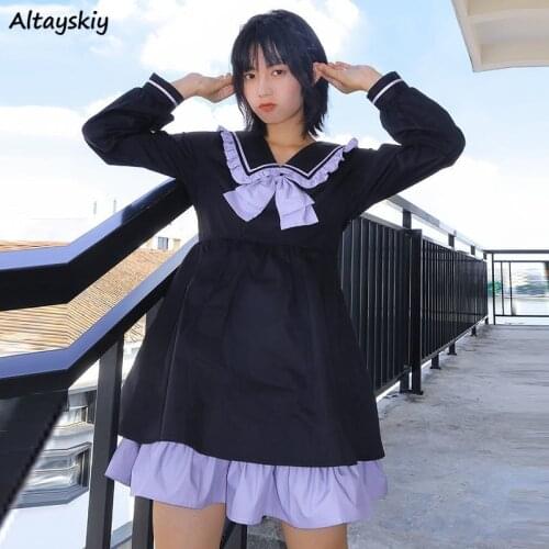 Mini Dresses Women Panelled Purple Ruffles Sailor Collar JK Japanese Style College Kawaii Harajuku Female Vestido Feminino Cute