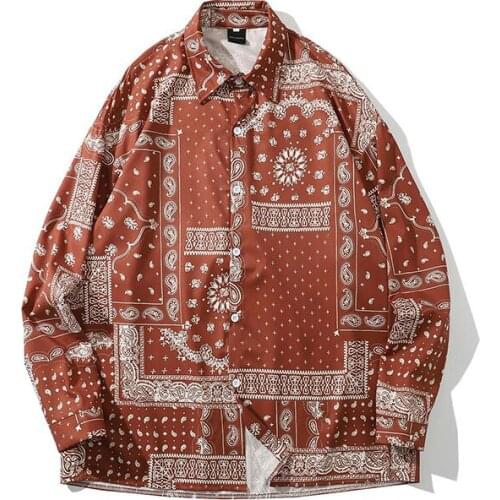 Geometric Bandana Shirt Men Retro Long Sleeve Loose Shirts Hip Hop Paisley Graphic Top Casual Mens Outwear 2021 Summer Spring