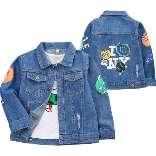 2021 New Autumn Handsome Boys Denim Coat Outdoor Wear Fashion Cartoon Hole Design Jacket For Kids 1-8 Years Children Outerwear
