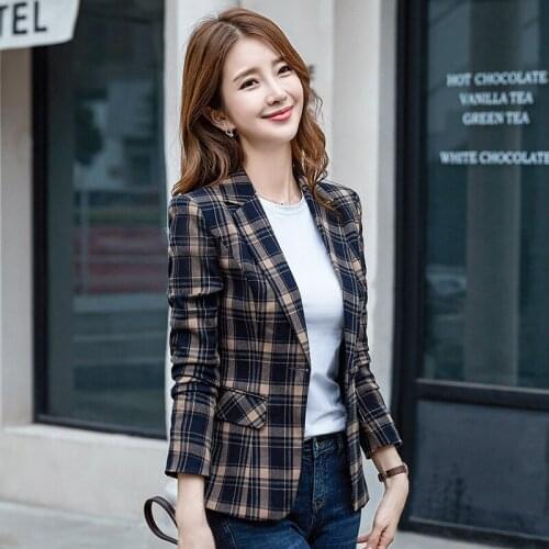 2021 Autumn New Women Leisure Suit Coat Korean Vintage Women Jackets Plaid Plus Size 3xl Black White Clothes For Office Lady