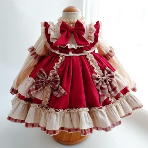 Baby Girl Autumn Winter Christmas Long Sleeve red pliad vintage dress kids Lace Lolita Hairbands baby Headwear Princess dress