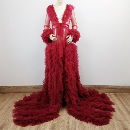 Maternity Dress Long Sleeves Maxi Tulle Pregnancy Gown Party Evening Robe with Floral for Women Photo Shoot Baby Shower Clothing