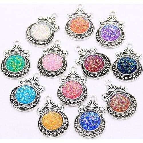 10PCS 19X27mm 12 Color Gypsophila Charms Round Base Setting Jewelry Metal Alloy DIY Bracelet Earrings Handwork Marking