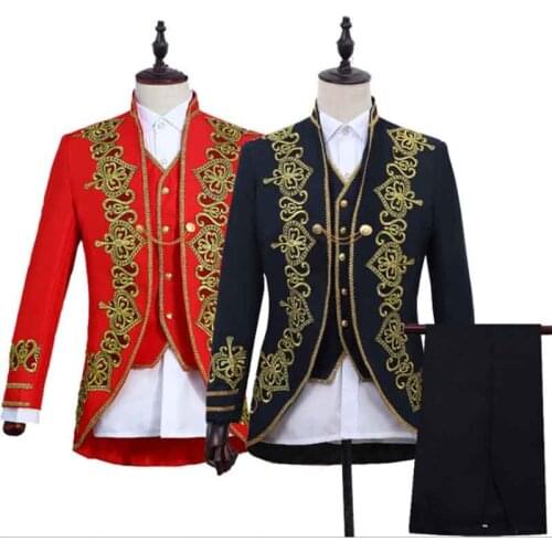 3 Peice Deluxe Victorian Prince Costume For Adult Men Vintage Dress Blazer Suit Male Cos Costume Outfit Jacket+Vest+Trousers+Tie