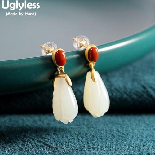 Uglyless Handmade Natural Jade Magnolia Flowers Earrings Women Elegant Party Dress jewelry Gold 925 Silver Agate Brincos Bijoux