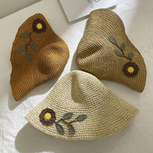 Fashion Women Summer New Womens Sun Hat Bucket Cap Beige Flowers Ribbon Flat Top Straw Hat Beach Caps Panama Lady Hat Outdoor