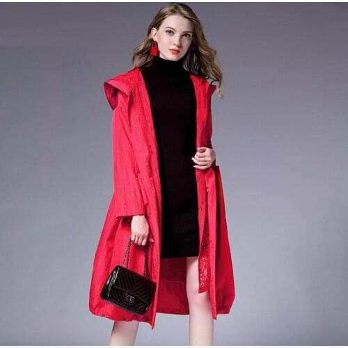 Spring Autumn new Big size long sleeve lace Hooded trench coat Large size ladies' draw string loose lace Elegant coat red black