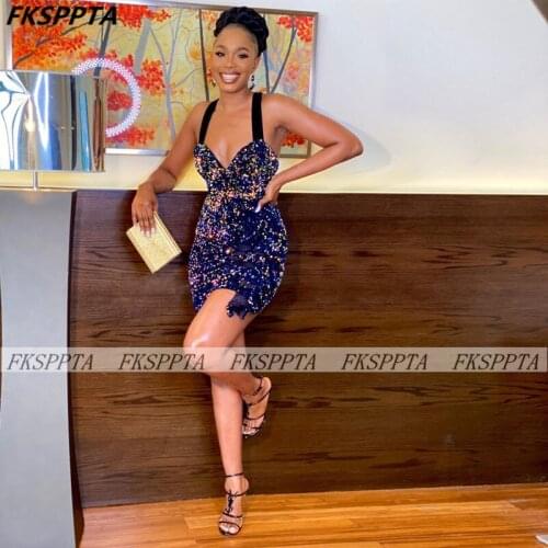 South African Short Prom Dresses Sparkly Sequin Sheath Backless Mini Sexy Black Women Occasion Party Prom Gowns Custom Made