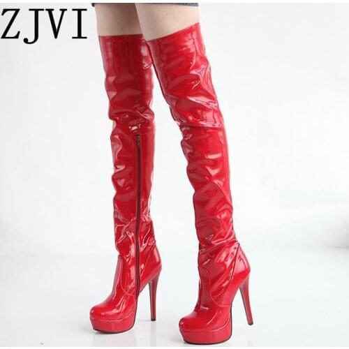 ZJVI Women Thin High Heels Over The Knee Boots Woman Patent Platform Winter Autumn Ladies Thigh High Boots Girls Shoes 2020