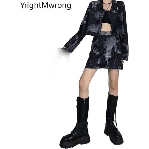 Two Piece Set Tie Dye Dark Cargo Outfit Sexy Women Long Sleeve Jacket Coat Crop Top and Bodycon Mini A Line Skirt Suit Harajuku