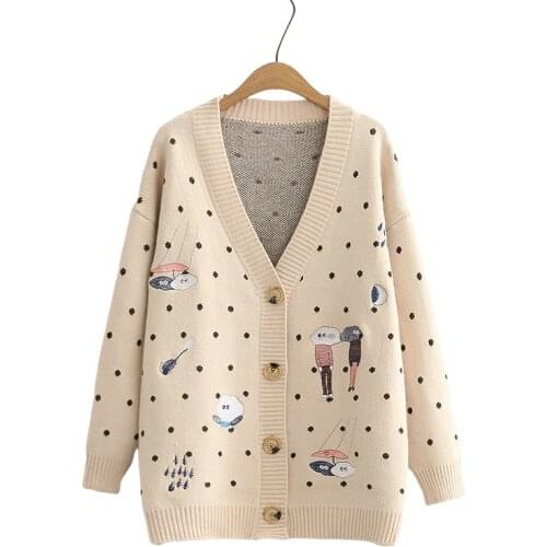2021 Spring Autumn Dot Cartoon Print Knit Cardigan Women V Neck Long Sleeve Knitshirt Tops Female Harajuku Knit Sweater Coat
