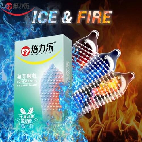 Beilile 10Pcs Fire & Ice Spike Condoms Large Dots Orgasm G-Spot Massage Penis Sleeve for Sex With Studs Funny Condoms For Men