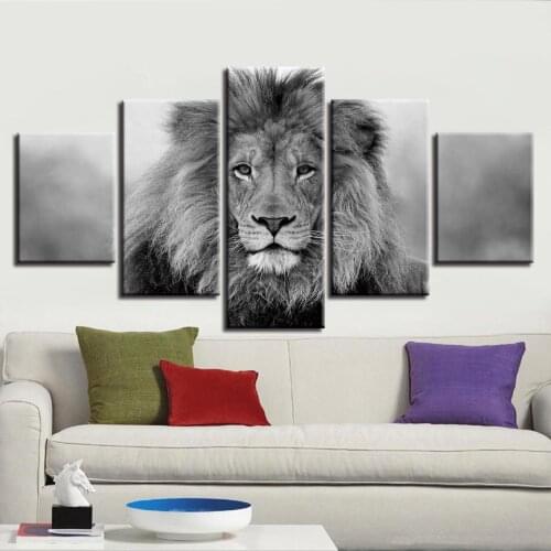 5 Pieces Lion Wall Art Poster Decor Living Room Wall Printing Paintings Black And White Animals Modular Canvas Framework