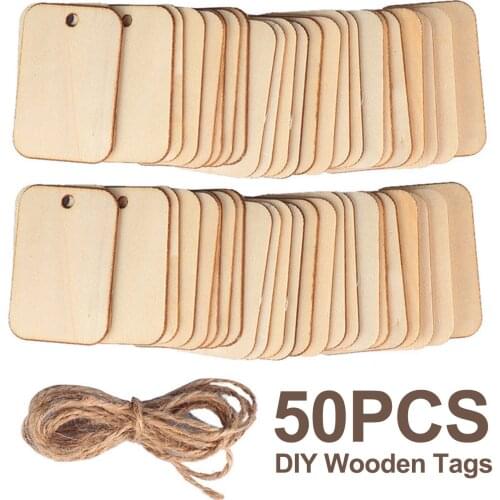 50pcs Unfinished Wood Tag Rectangle Natural Rustic Wooden Craft Labels with Hemp Rope for Home DIY Supplies Hanging Decorations