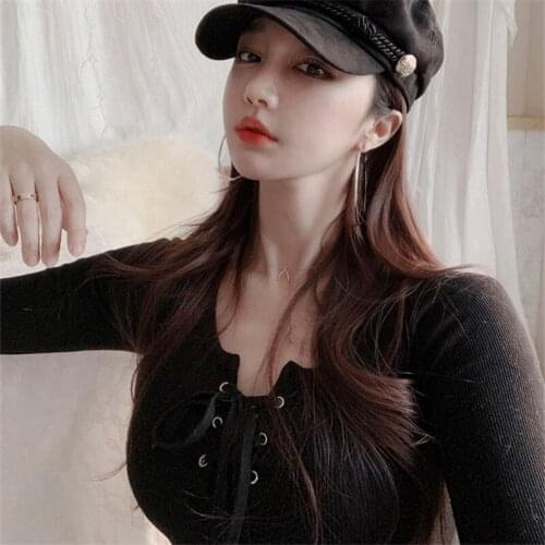 New solid color black Cross bandage sexy Tees Summer long Sleeve Women tops Blouse cotton Casual Shirts Thin female Футболка