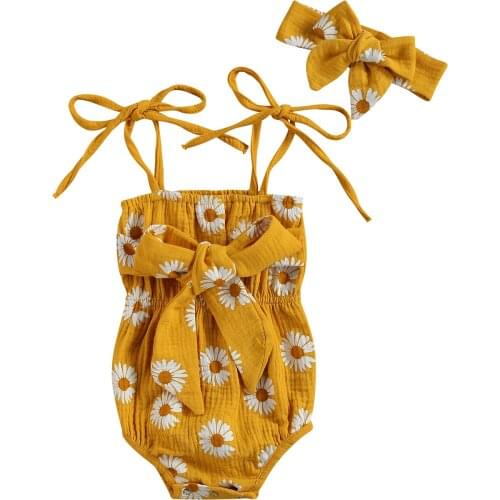 Bodysuits Infant Baby Girls Daisy Floral Printed Outfits Suits Tie Up Spaghetti Straps Bowknot Romper with Headband for 0-24M