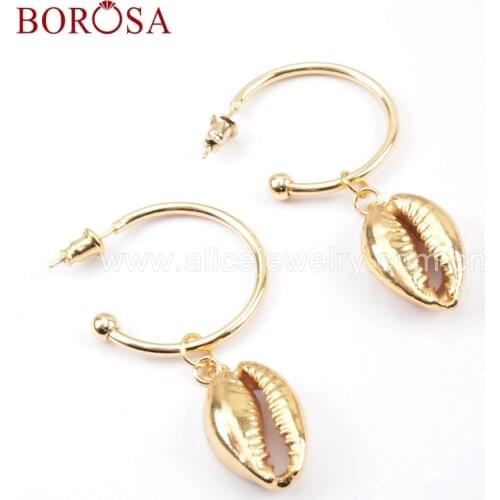 BOROSA 5Pairs Full Gold Color/Gold Trim Natural Cowrie Shell Earrings With Big Round Circle Natural Shell Drop Earring G1678