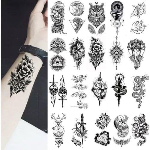 Black Rose Temporary Tattoo Sticker Flower Feather Elephant Body Clavicle Ankle Legs Arm Art Fake Tatto Party Bikini Tatoos