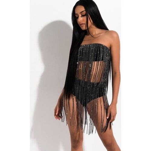 Black White Tassel Two 2 Piece Set Women Strapless Backless Skinny Crop Top Elastic Waist Panties Clubwear Two Piece Outfits