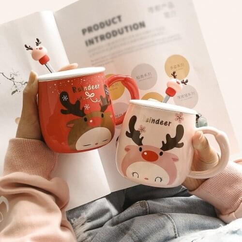 European Ceramic Creative Cute Christmas Deer Coffee Milk Mug With Lid and Spoon Breakfast Tea Cup Lover Novelty Birthday Gift