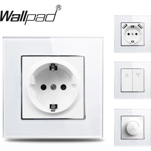 EU Round Back 1 2 Gang Pass Cross Rocker Fan Dimmer Curtain Reset Switch TV DATA Tel Socket with USB Wallpad White Glass EU Box