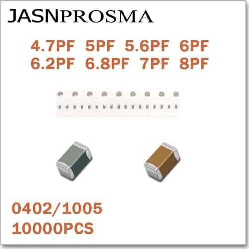 JASNPROSMA 10000PCS 0402 1005 COG/NPO RoHS 50V 0.5% 5% 4.7PF 5PF 5.6PF 6PF 6.2PF 6.8PF 7PF 8PF SMD High quality Capacitor