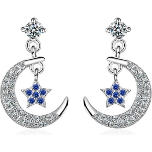 KOFSAC New Fashion 925 Silver Earrings For Women Engagement Party Jewelry Shiny Crystal CZ Moon Star Stud Earring Gifts Brincos