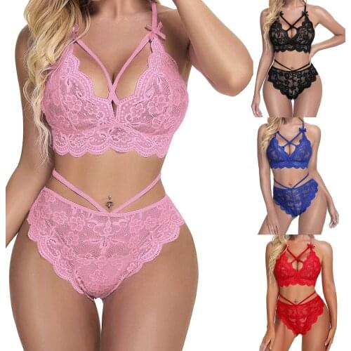 Sexy 2Pcs Women Lingerie Set Crochet Sheer Push-Up Bra Middle Waist Strappy Panty Suit for Girlfriend Wife 4 Colors