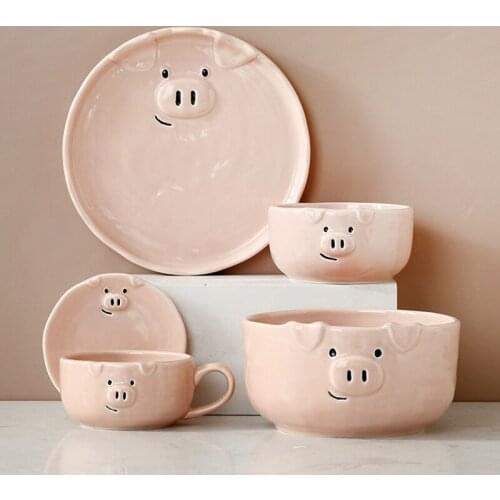Lovely Pink Bowl Dish Ceramic Set Combination Porcelain Tableware Cartoon Home Creative Personality Piggy Breakfast Meal Plate
