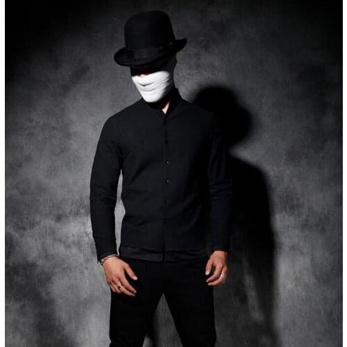 Male slim short shirt men slim jacket design male personality vintage chinese style stand collar slim shirt outerwear black 2020