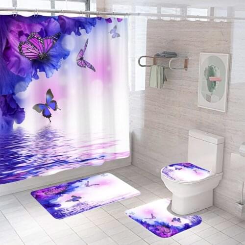 Purple Butterfly Flower Pattern Flannel Bath Mat/Toilet Pad Set Home Decor Anti-slip Toilet Carpet Waterproof Shower Curtain Set