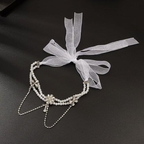 Baroque Rhinestone Tassel Pearl Flower Choker Necklace Collar White Tulle Bow Choker Clavicle Chain for Women Weeding Jewelry