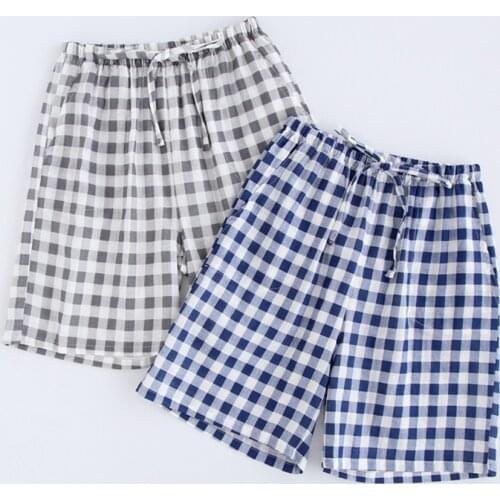Pajama Shorts for Adults Women Men Sleepwear Plaid Cotton Gauze Pyjama Loose Casual Beach Shorts Femme Sleep Bottoms Home Wear