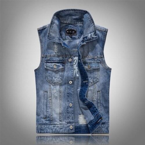 Casual fashion Pleated Design Man Denim Vest Hole Washed Jeans Waistcoat Men Plus Size 5XL Denim Vest Male Sleeveless Jackets
