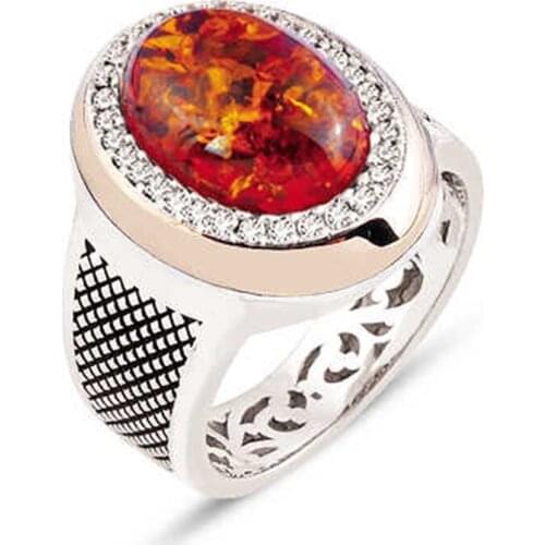 Silver Amber Gemstone Around Zircon Embellishment Men 'S Ring