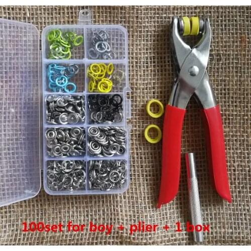 Fastener Snap Button Plier + 100pcs 9.5mm Long Prong Snap Buttons Brass Silver Press Stud Cloth Sewing Accessories