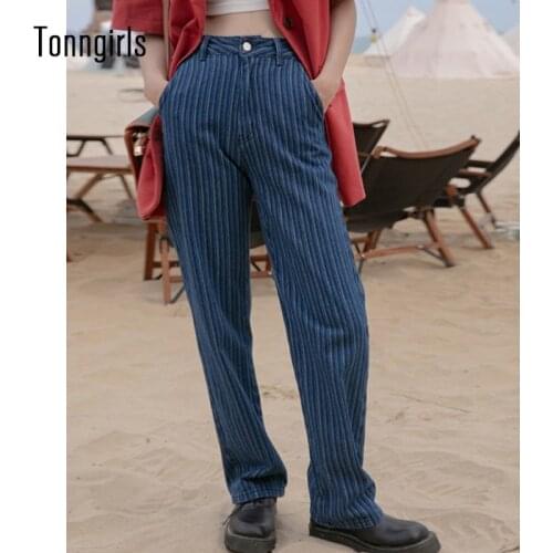 Tonngirls Vintage Women Jeans Pants Casual Stripe Denim Jeans Y2k Wide Leg Jeans High Waist Streetwear Blue Jeans Trousers 2021