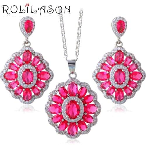 Splendid White Zircon Red Garnet Jewelry Sets For Women Stamped Silver Earring/Ring/Necklace JS653