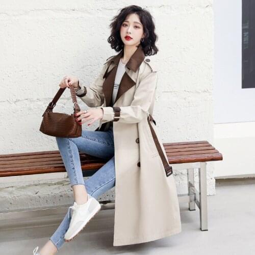 2021 New Spring Autumn Windbreaker Women Hit Color Suit Collar Coats Casual Slim Belt Women Trench Long Coat Women Outerwear