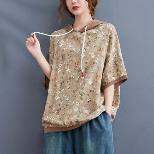 Oversized Women Summer Cotton Hooded T-shirts New Arrival 2021 Vintage Style Floral Print Loose Female Casual Tops Tees B599
