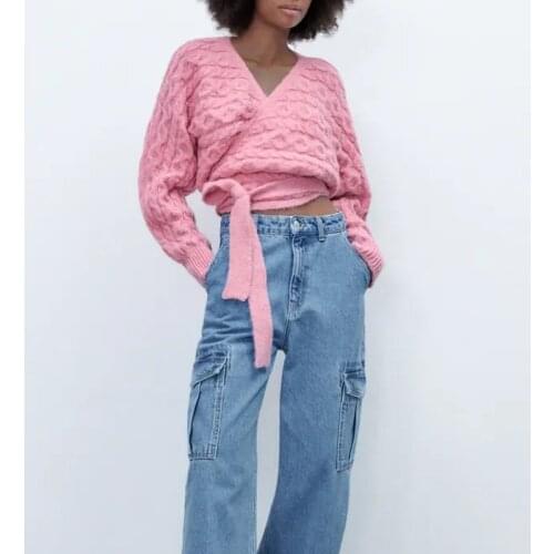 Za Womens With Belt Sweaters Knitted Jackets Mujer Coats Femme Cropped Knit Tops Elegant Chic Knitwear Winter Warm Sweaters TRF