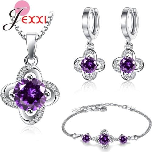 Top Vendor Women 925 Sterling Silver Flower Sets Exquisite CZ Crystal Pendant Necklaces Drop Earrings Wedding Jewelry