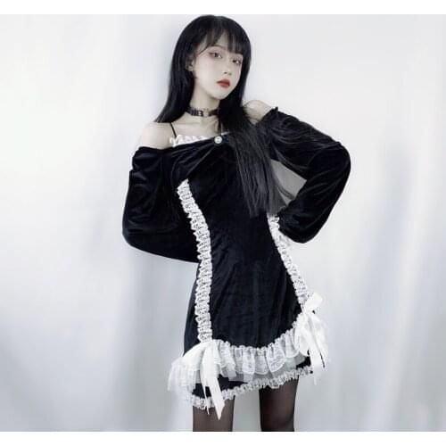 New Spring Autumn Harajuku Gothic Women Fashion Black Velvet Long Sleeve Dress Hot Girl Lolita Temperament Slim Sweet Dress