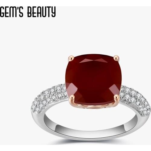 GEMS BEAUTY 925 Sterling Silver Gemstone Candy Rings 10*10mm Cushion Natural Red Agate Statement Ring For Women Fine Jewelry