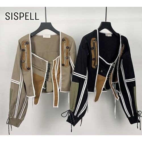 SISPELL Streetwear Fashion Coat For Female Square Collar Long Sleeve Adjustable Patchwork Single-breasted Womens Casual Coat