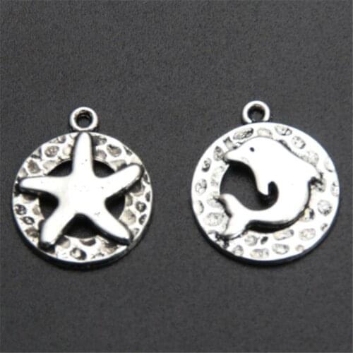 8pcs Silver Color Dolphin Starfish Charms Circle Shape Fitting Women Diy Ocean Key Chain Necklace Jewelry